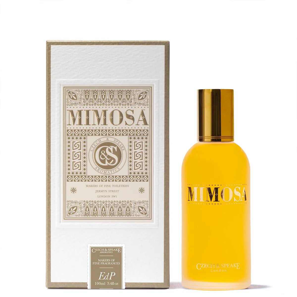 Czech & Speake Mimosa perfume bottle with original luxury packaging box, elegant London fragrance with golden yellow design and floral mimosa scent