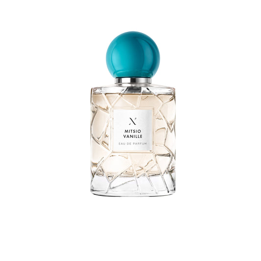 Mitsio Vanille Eau de Parfum by Les Sœurs de Noé luxury glass perfume bottle with turquoise cap isolated on white background
