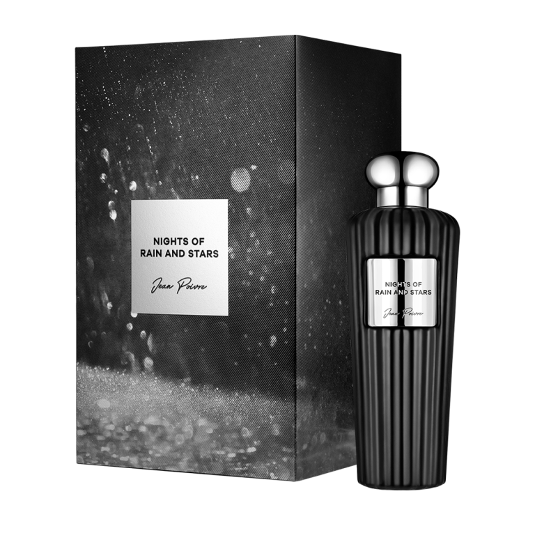 Nights Of Rain And Stars by Jean Poivre luxury black perfume bottle with silver cap and matching rain-themed gift box packaging