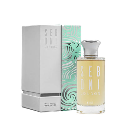 Seboni London Nine eau de parfum bottle with packaging box on white background