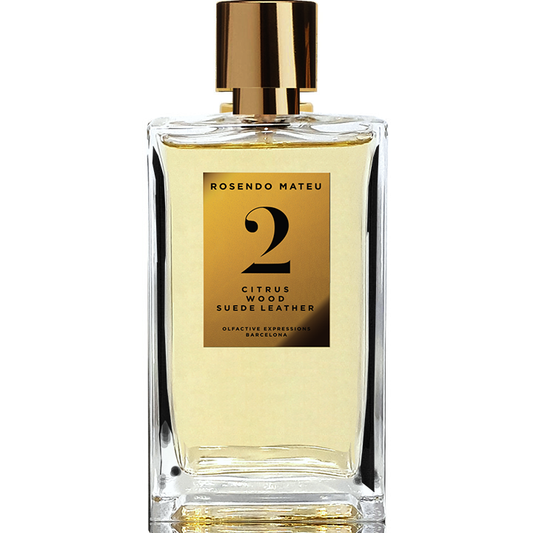 Rosendo Mateu No. 2 Citrus Wood Suede Leather perfume bottle with gold cap and label, luxury niche fragrance in clear glass bottle.
