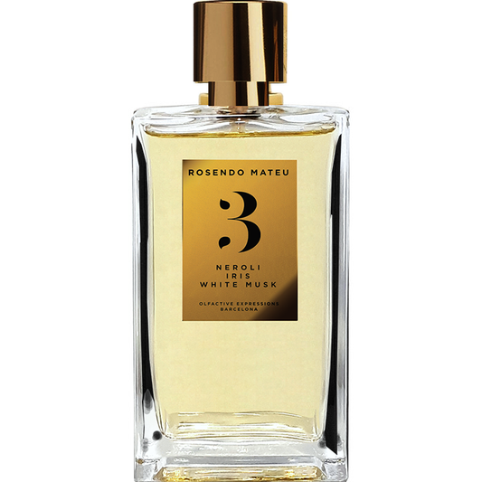 Rosendo Mateu No. 3 Neroli Iris White Musk perfume bottle with gold cap and label, luxury niche fragrance in clear glass bottle.