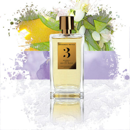 Rosendo Mateu No. 3 Neroli Iris White Musk perfume bottle with gold cap, artistic background featuring neroli flowers, iris petals, and soft white musk tones.