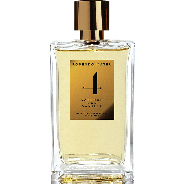 Rosendo Mateu No. 1 Saffron Oud Vanilla perfume bottle with gold cap and label, luxury niche fragrance in clear glass bottle.