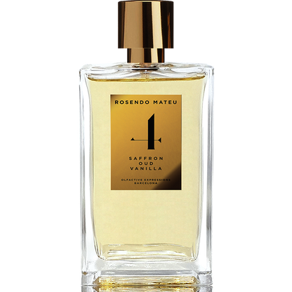Rosendo Mateu No. 1 Saffron Oud Vanilla perfume bottle with gold cap and label, luxury niche fragrance in clear glass bottle.