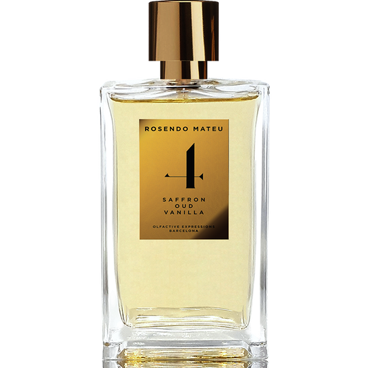 Rosendo Mateu No. 1 Saffron Oud Vanilla perfume bottle with gold cap and label, luxury niche fragrance in clear glass bottle.