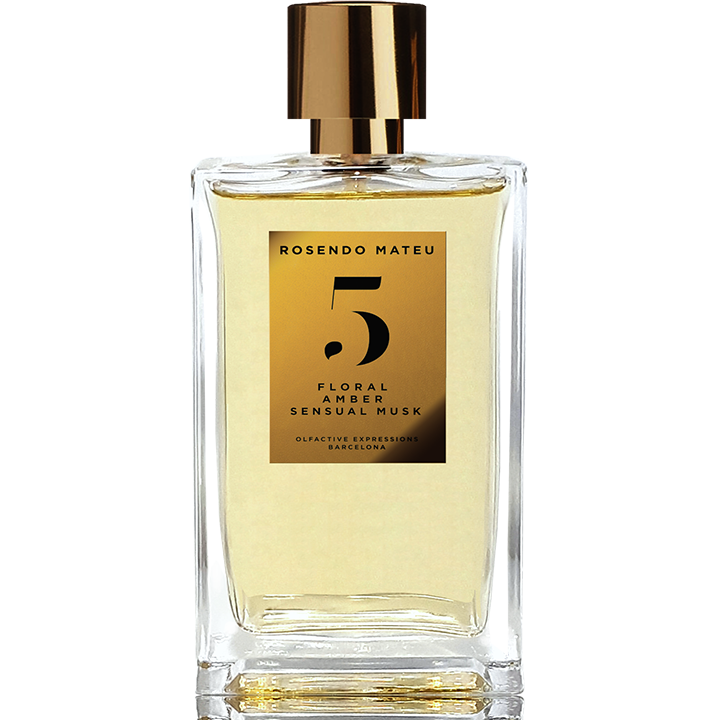 Rosendo Mateu No. 5 Floral Amber Sensual Musk perfume bottle with golden cap and label, luxury niche fragrance in clear glass bottle.