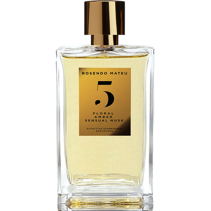 Rosendo Mateu No. 5 Floral Amber Sensual Musk perfume bottle with golden cap and label, luxury niche fragrance in clear glass bottle.