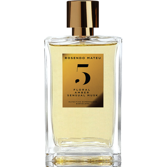 Rosendo Mateu No. 5 Floral Amber Sensual Musk perfume bottle with golden cap and label, luxury niche fragrance in clear glass bottle.