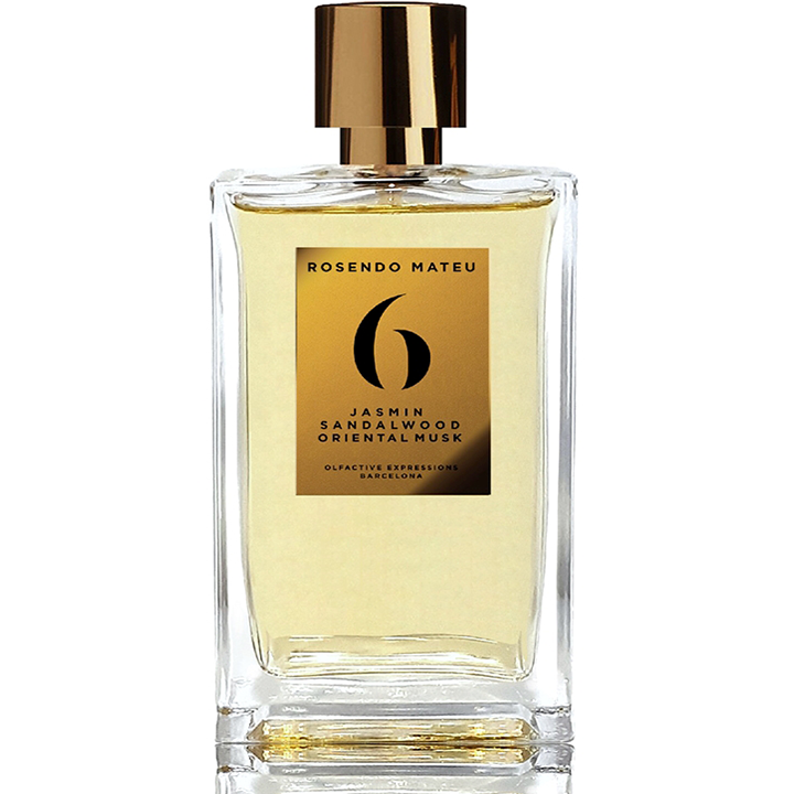 Rosendo Mateu No. 6 Jasmin Sandalwood Oriental Musk perfume bottle with clear glass design, golden label, and metallic gold cap.