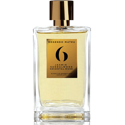 Rosendo Mateu No. 6 Jasmin Sandalwood Oriental Musk perfume bottle with clear glass design, golden label, and metallic gold cap.