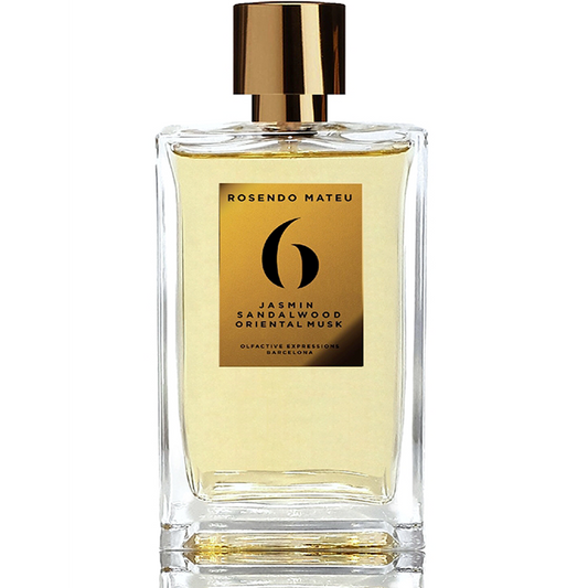Rosendo Mateu No. 6 Jasmin Sandalwood Oriental Musk perfume bottle with clear glass design, golden label, and metallic gold cap.