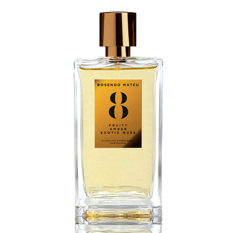 Rosendo Mateu No. 8 Fruity Amber Exotic Musk perfume bottle with clear glass design, golden label, and metallic gold cap.