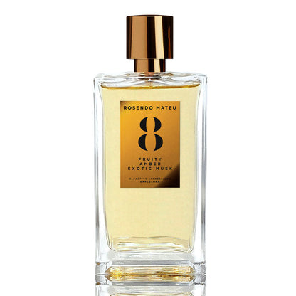 Rosendo Mateu No. 8 Fruity Amber Exotic Musk perfume bottle with clear glass design, golden label, and metallic gold cap.