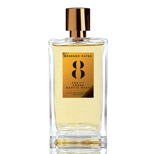 Rosendo Mateu No. 8 Fruity Amber Exotic Musk perfume bottle with clear glass design, golden label, and metallic gold cap.