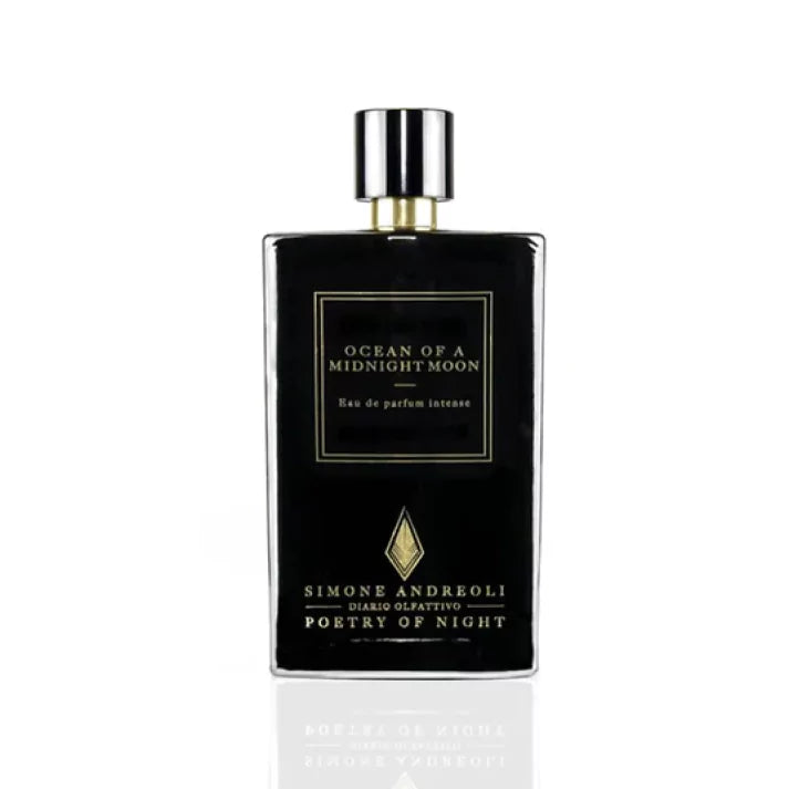 Simone Andreoli Ocean of a Midnight Moon Eau de Parfum Intense in black glass bottle with silver cap and gold label on white background