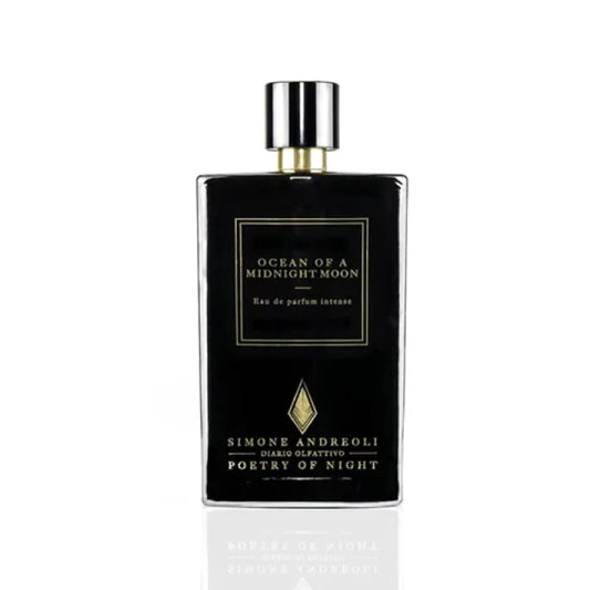 Simone Andreoli Ocean of a Midnight Moon Eau de Parfum Intense in black glass bottle with silver cap and gold label on white background