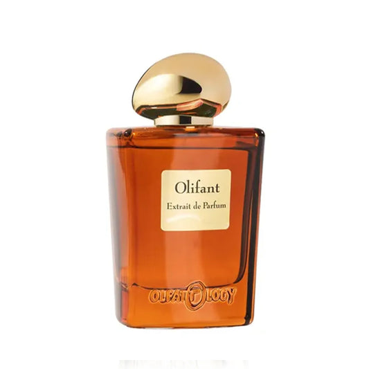 Olifant by Olfattology Extrait de Parfum amber glass perfume bottle with gold cap luxury niche fragrance isolated on white background