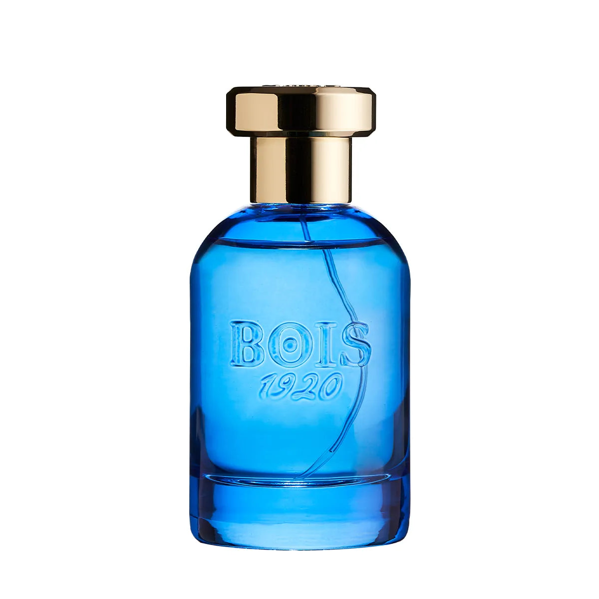 Blue perfume bottle with gold cap on a white background