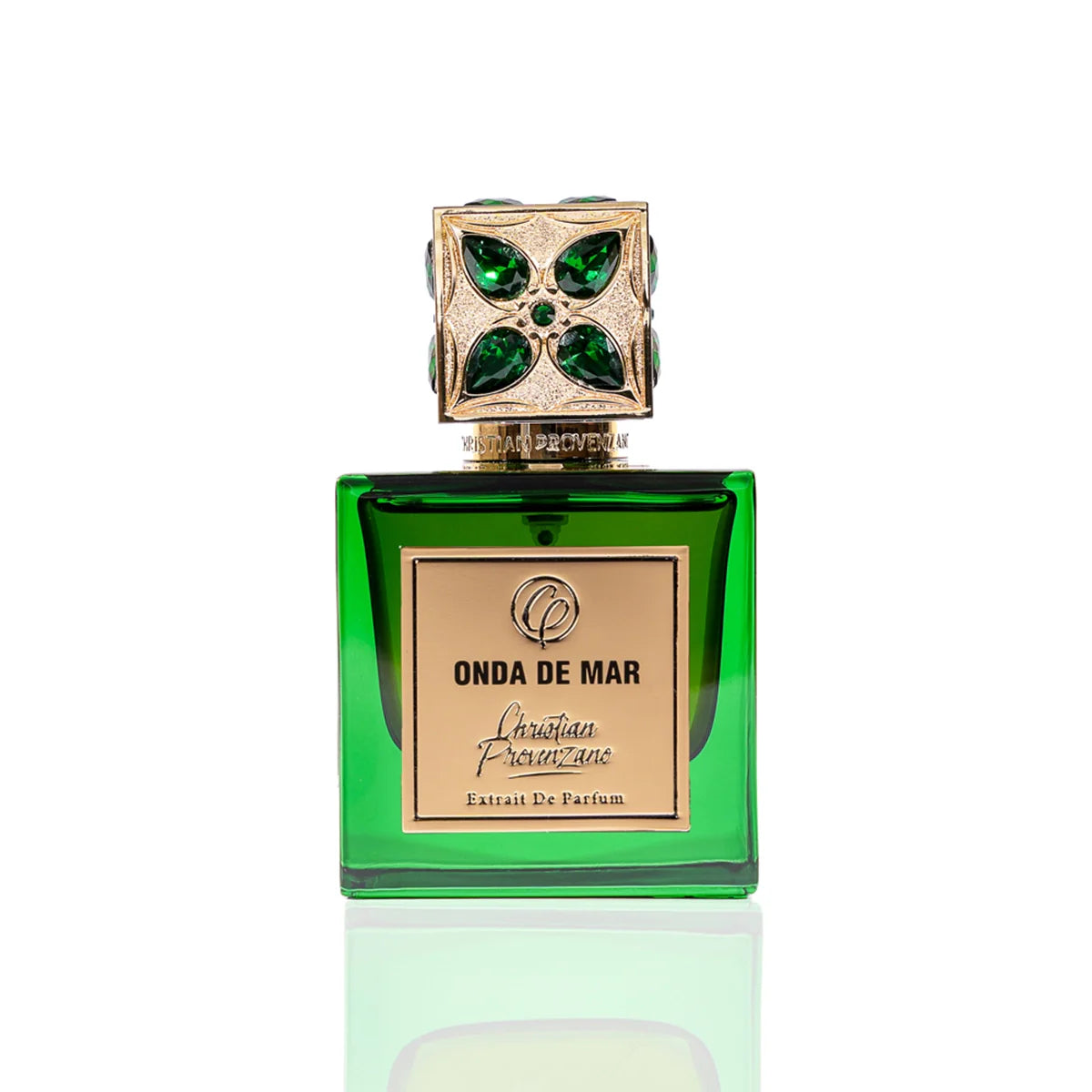 Christian Provenzano Onda De Mar Extrait de Parfum emerald green bottle with gold label centerpiece and jewel-adorned cap