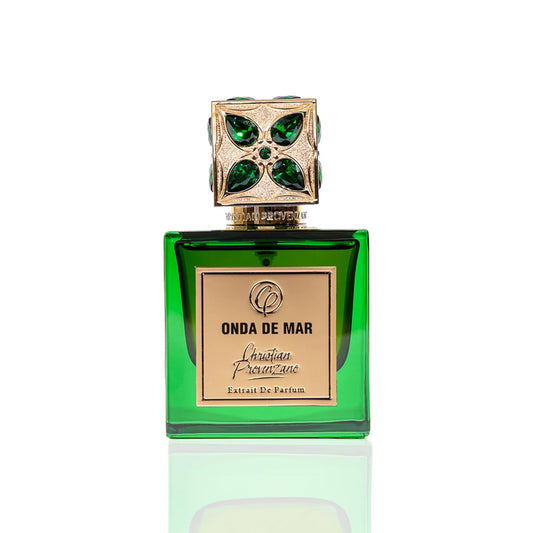Christian Provenzano Onda De Mar Extrait de Parfum emerald green bottle with gold label centerpiece and jewel-adorned cap