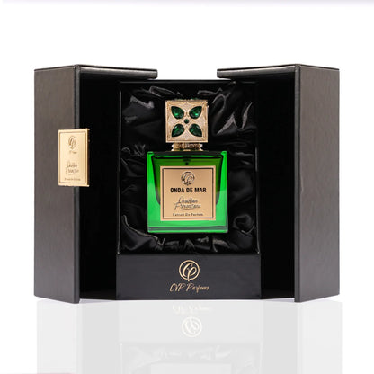 Christian Provenzano Onda De Mar Extrait de Parfum displayed in a premium black box with satin interior and emerald green bottle