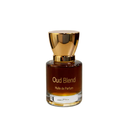 Oud Blend huile de parfum bottle with rich amber liquid and gold cap on clean white background