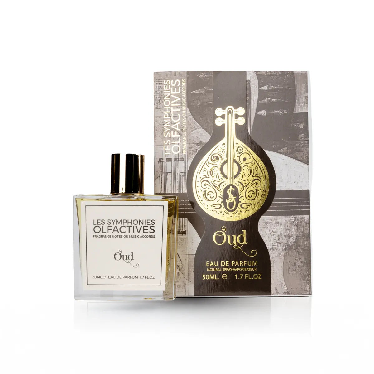 Oud Les Symphonies Olfactives Eau de Parfum 50ML bottle with gold instrument artwork and music-inspired packaging