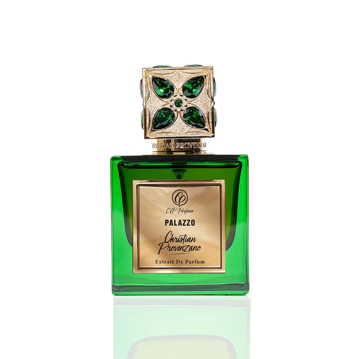 Christian Provenzano Palazzo Extrait de Parfum in emerald green glass bottle with gold label and ornate gemstone cap