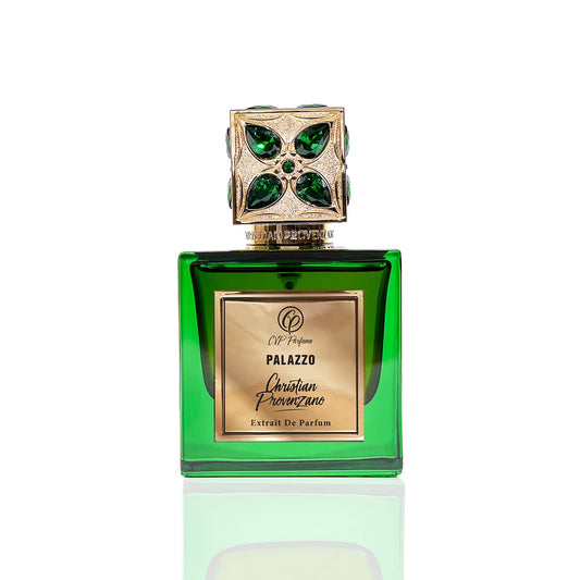 Christian Provenzano Palazzo Extrait de Parfum in emerald green glass bottle with gold label and ornate gemstone cap