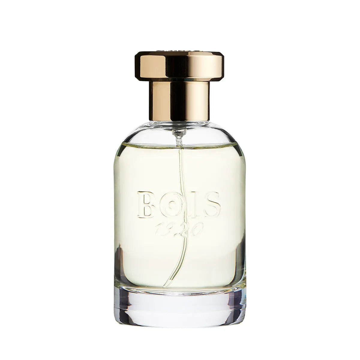 Perfume bottle with gold cap on a white background