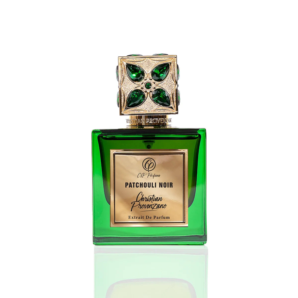 Christian Provenzano Patchouli Noir Extrait de Parfum in emerald green glass bottle with gold label and ornate gemstone cap