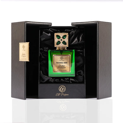 Christian Provenzano Patchouli Noir Extrait de Parfum displayed in a premium black box with satin interior and emerald green bottle