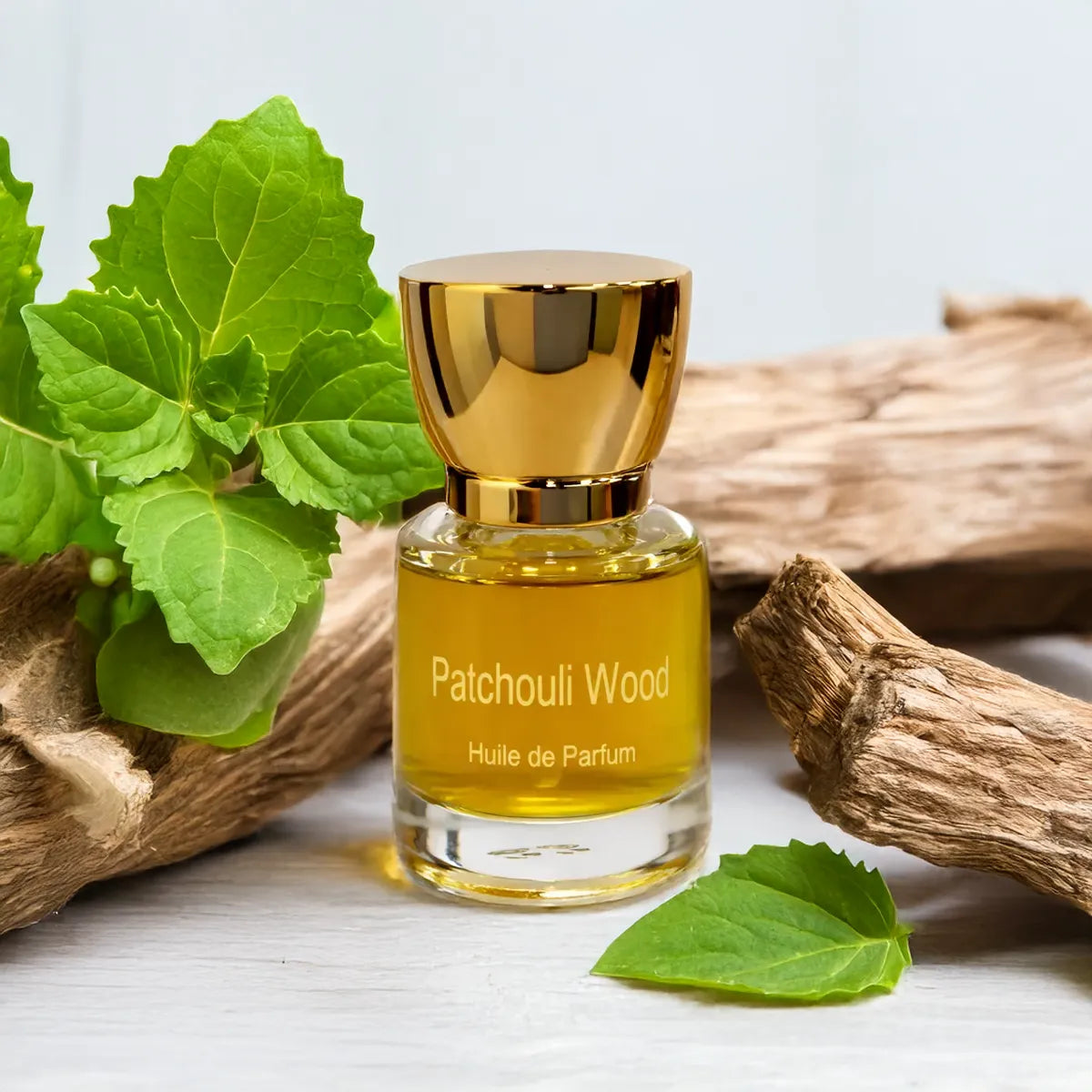 Patchouli Wood fragrance bottle placed with fresh green leaves and natural wood pieces