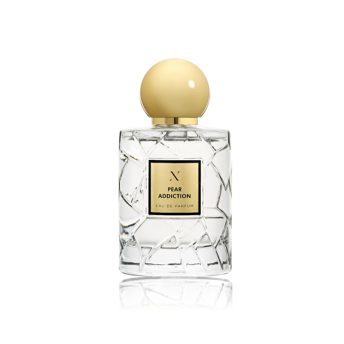 Pear Addiction Eau de Parfum by Les Sœurs de Noe luxury clear glass perfume bottle with textured design and gold cap isolated on white background