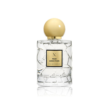 Pear Addiction Eau de Parfum by Les Sœurs de Noe luxury clear glass perfume bottle with textured design and gold cap isolated on white background