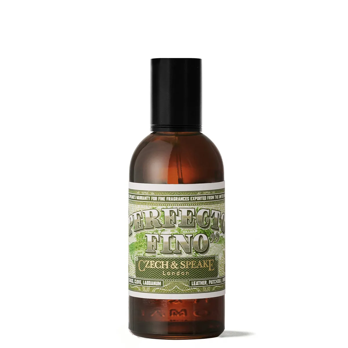 Czech & Speake Perfecto Fino perfume bottle with vintage-style label, luxury niche fragrance from London featuring rich notes of leather, patchouli, labdanum, and clove
