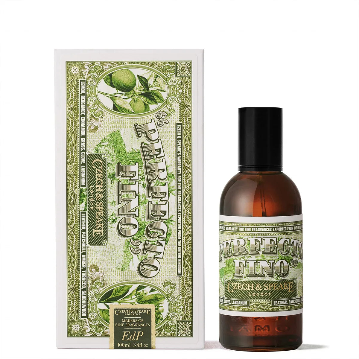 Czech & Speake Perfecto Fino Eau de Parfum with vintage green packaging and bottle, luxury niche fragrance from London featuring notes of leather, patchouli, labdanum, and clove