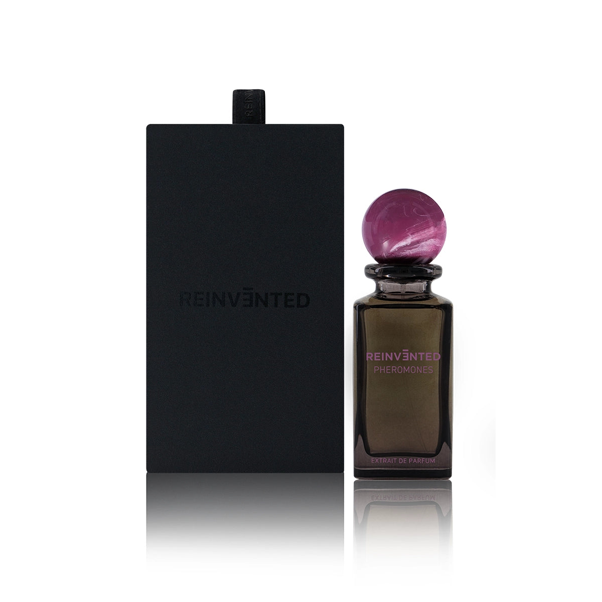 Reinvented Pheromones Extrait de Parfum with purple marble cap and black luxury box niche fragrance gift set