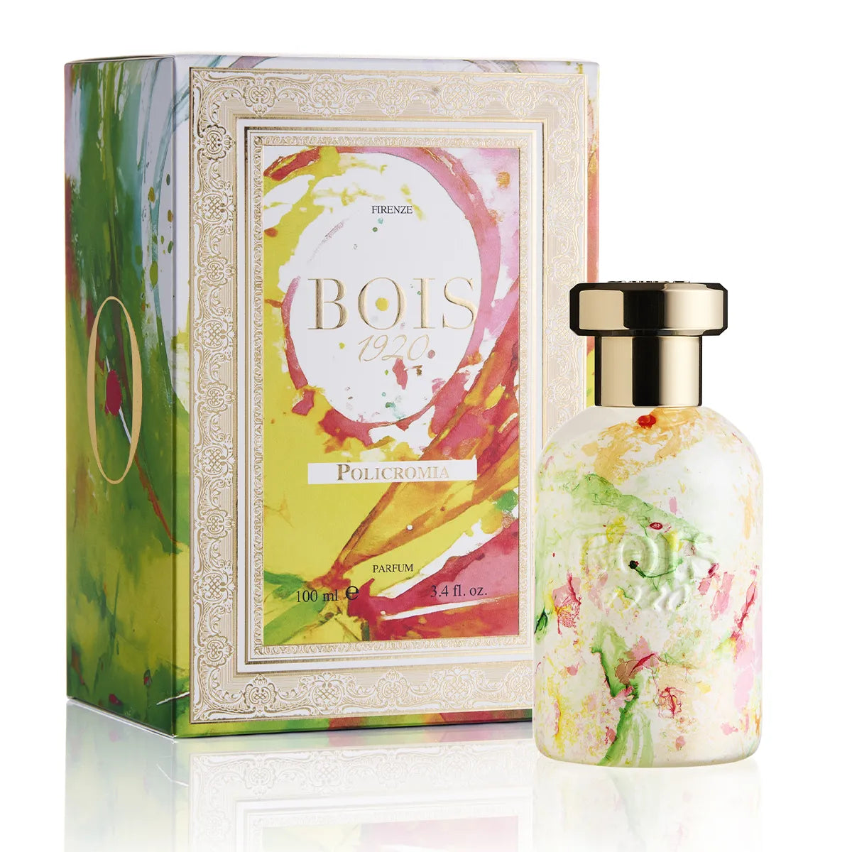 Bois 1920 Policromia perfume bottle with colorful artistic marbled design displayed beside its decorative luxury fragrance box.