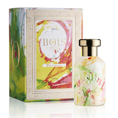Bois 1920 Policromia perfume bottle with colorful artistic marbled design displayed beside its decorative luxury fragrance box.
