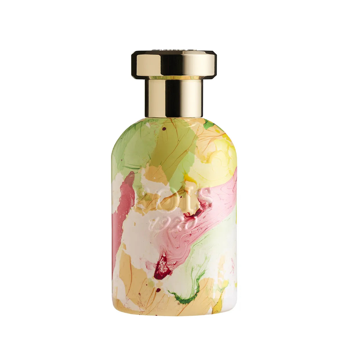 Multicolored marble-patterned bottle with gold cap on a white background