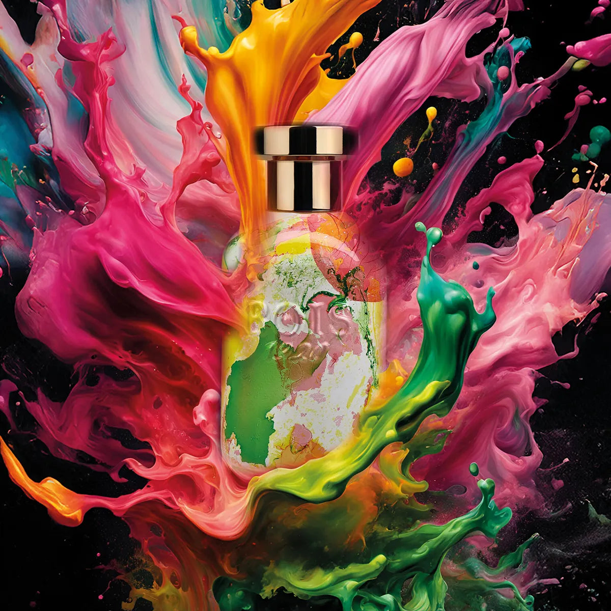 Colorful liquid splashes around a bottle with a gold cap on a black background