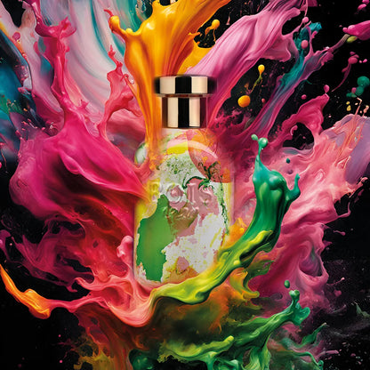 Colorful liquid splashes around a bottle with a gold cap on a black background