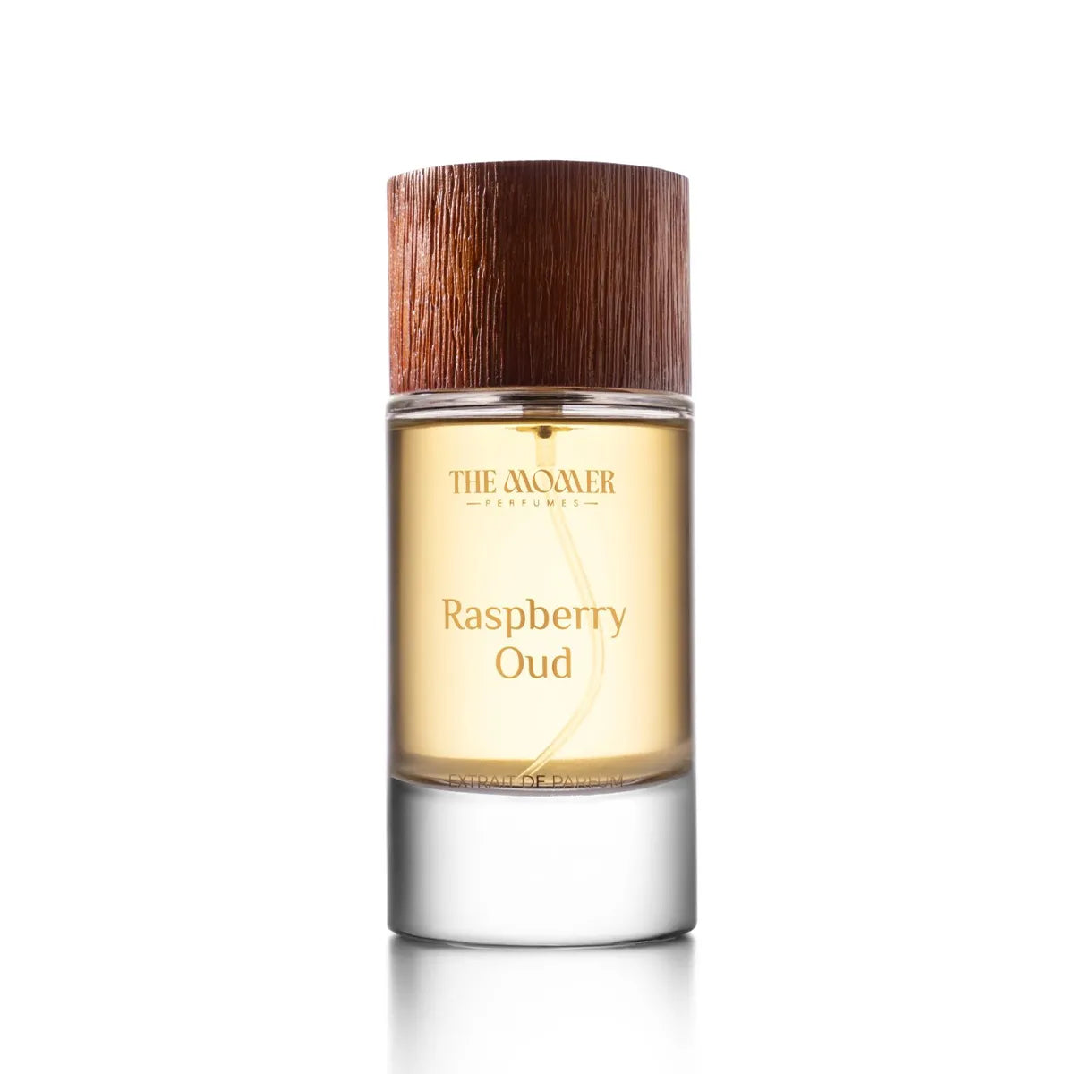 Perfume bottle labeled 'Raspberry Oud' with a wooden cap on a white background