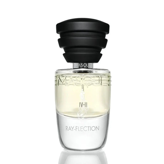 Ray Flection by Masque Milano in a Clear perfume bottle with black cap on a white background