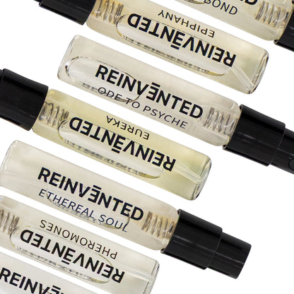 Reinvented Parfums discovery set sample spray vials including Ode to Psyche, Ethereal Soul and Pheromones niche fragrance collection