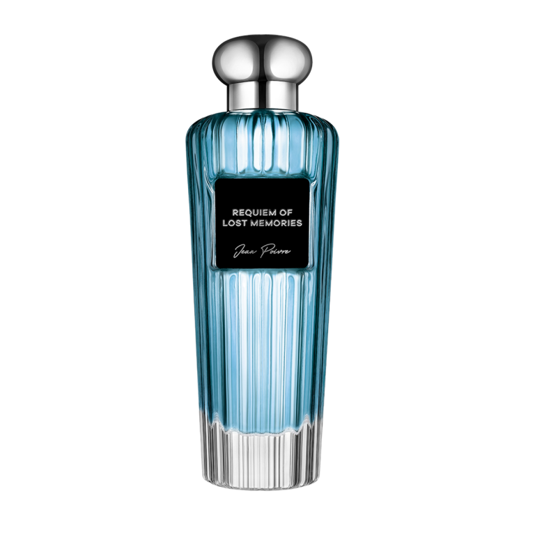 Requiem Of Lost Memories by Jean Poivre luxury turquoise blue perfume bottle with silver cap and black label on black background