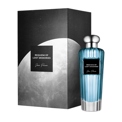 Requiem Of Lost Memories by Jean Poivre luxury turquoise blue perfume bottle with silver cap and matching moon-themed gift box packaging
