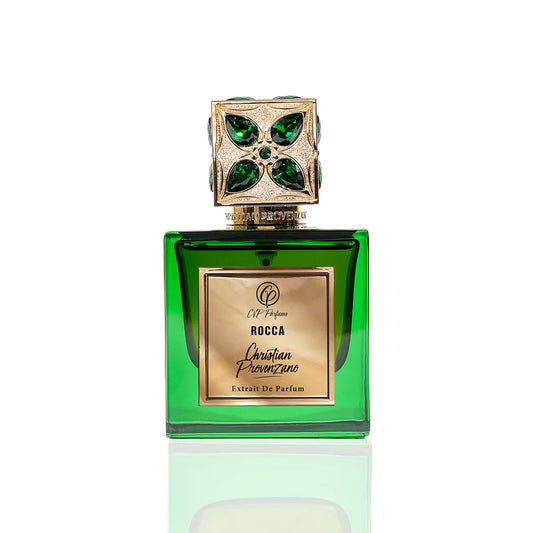 Christian Provenzano Rocca Extrait de Parfum in emerald green glass bottle with gold label and ornate gemstone cap